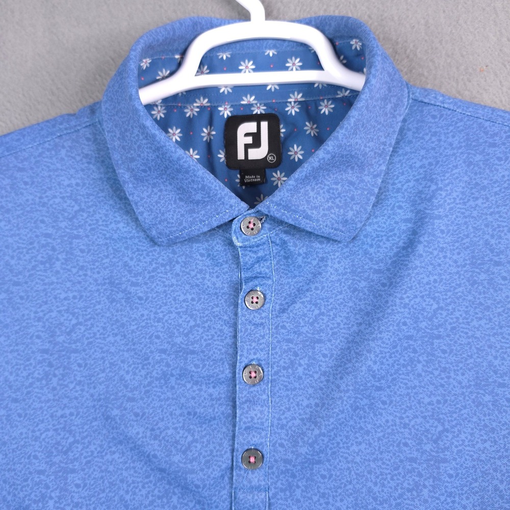 FootJoy Mens XL Blue Textured SS Performance Golf Polo Shirt Floral Trim